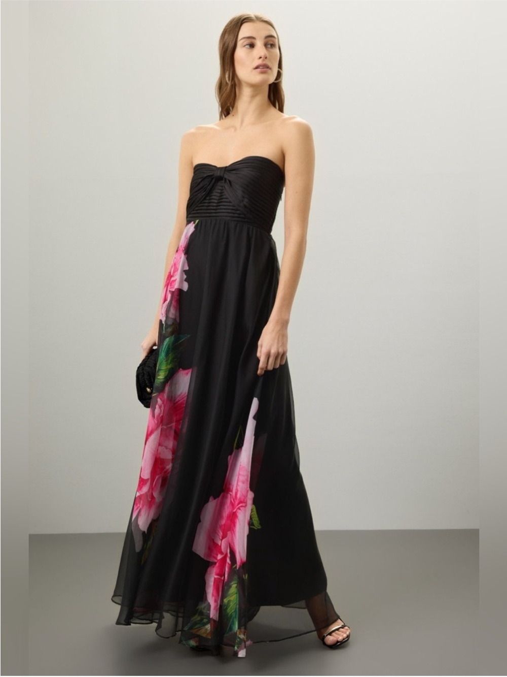 Strapless Black Maxi Dress with Pink Floral Detail